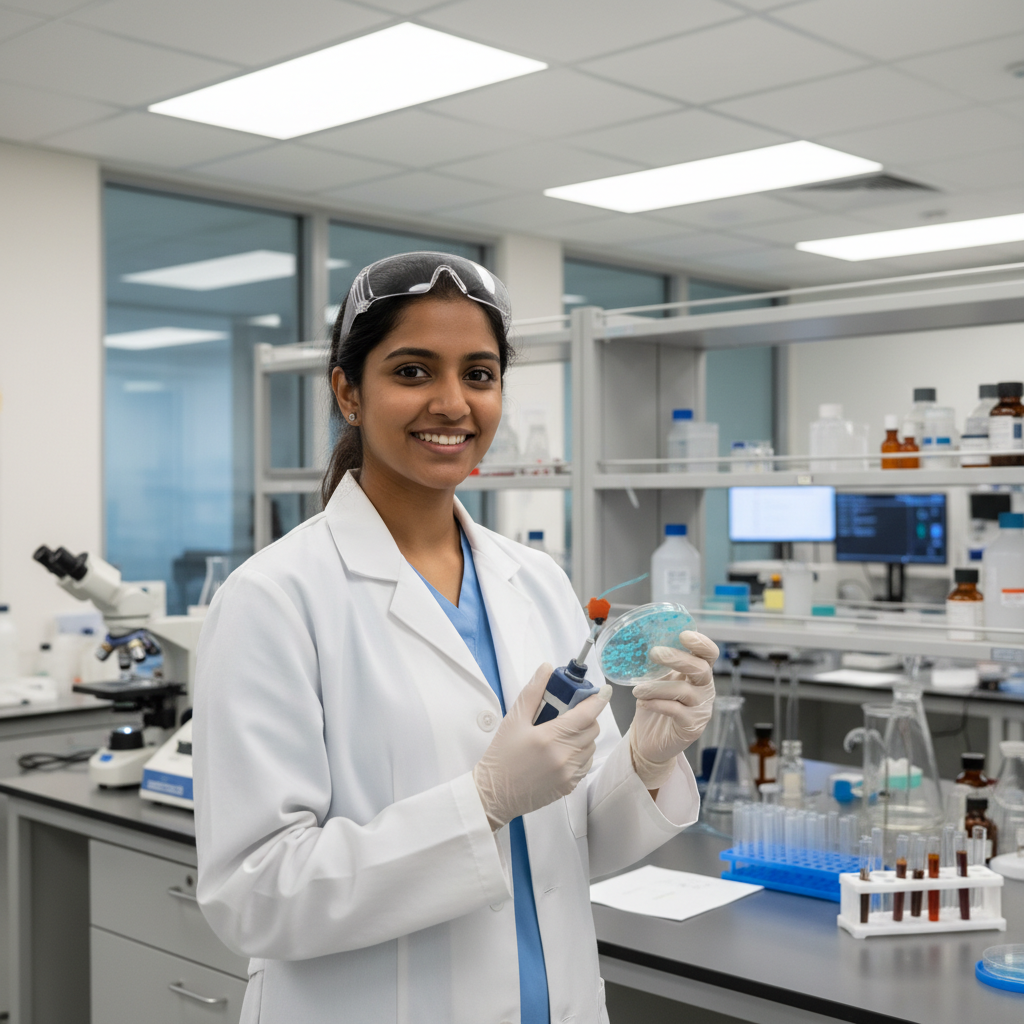 Young Indian woman in white lab coat examining food samples in research laboratory with scientific equipment