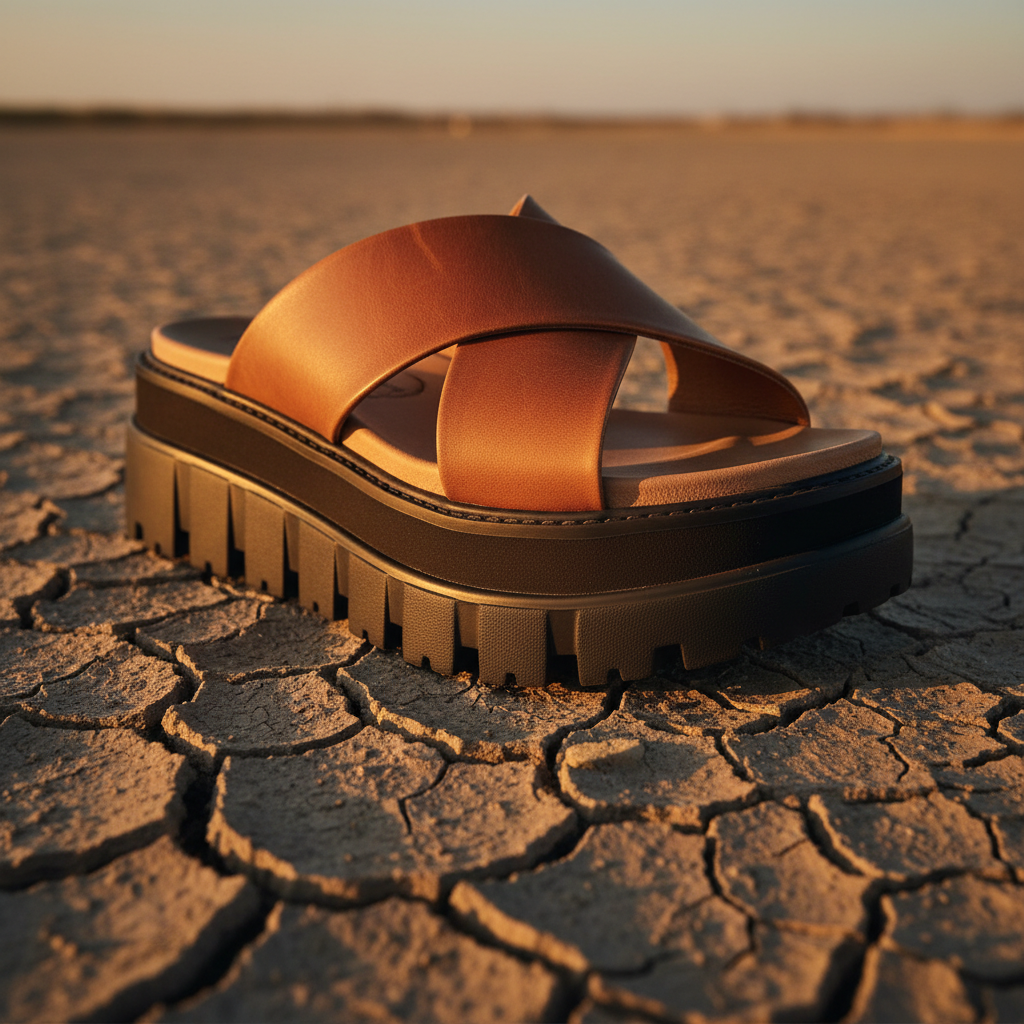 Leather thong sandal with gold hardware, warm light product photography