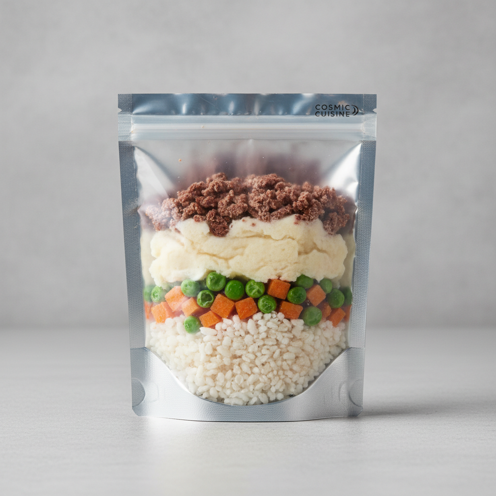 Cross-section of freeze-dried space food pouch showing layered ingredients