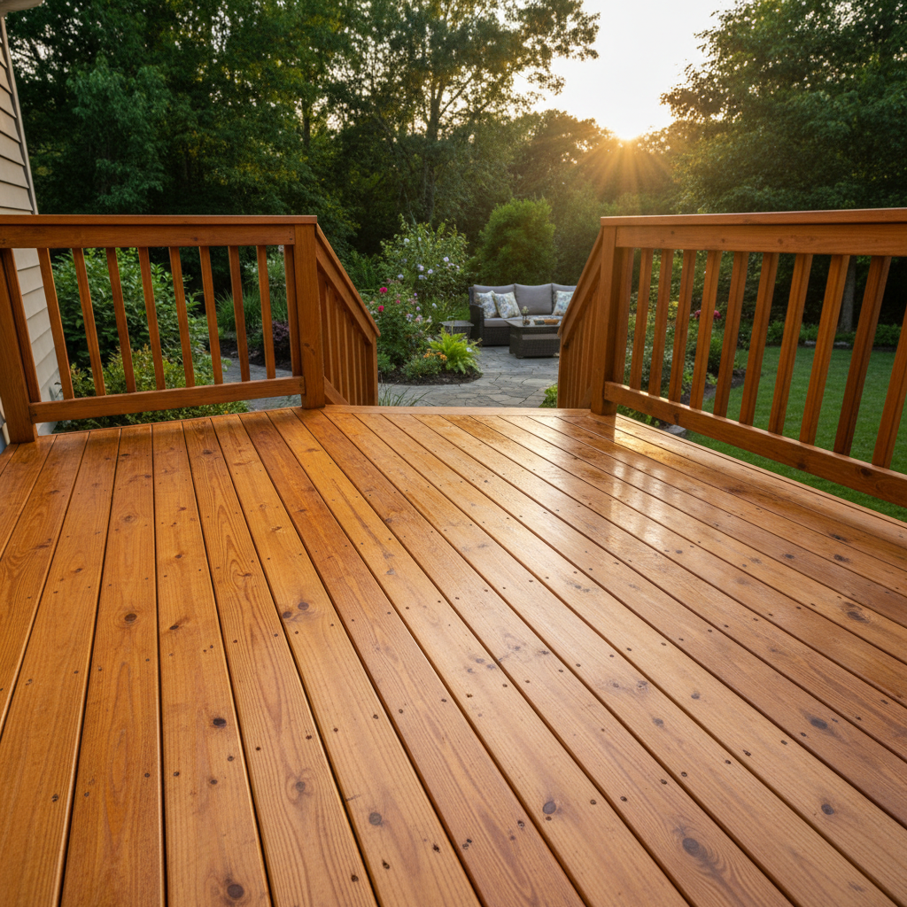 Wooden deck with outdoor furniture being restored through pressure washing, showing natural wood grain and clean surface