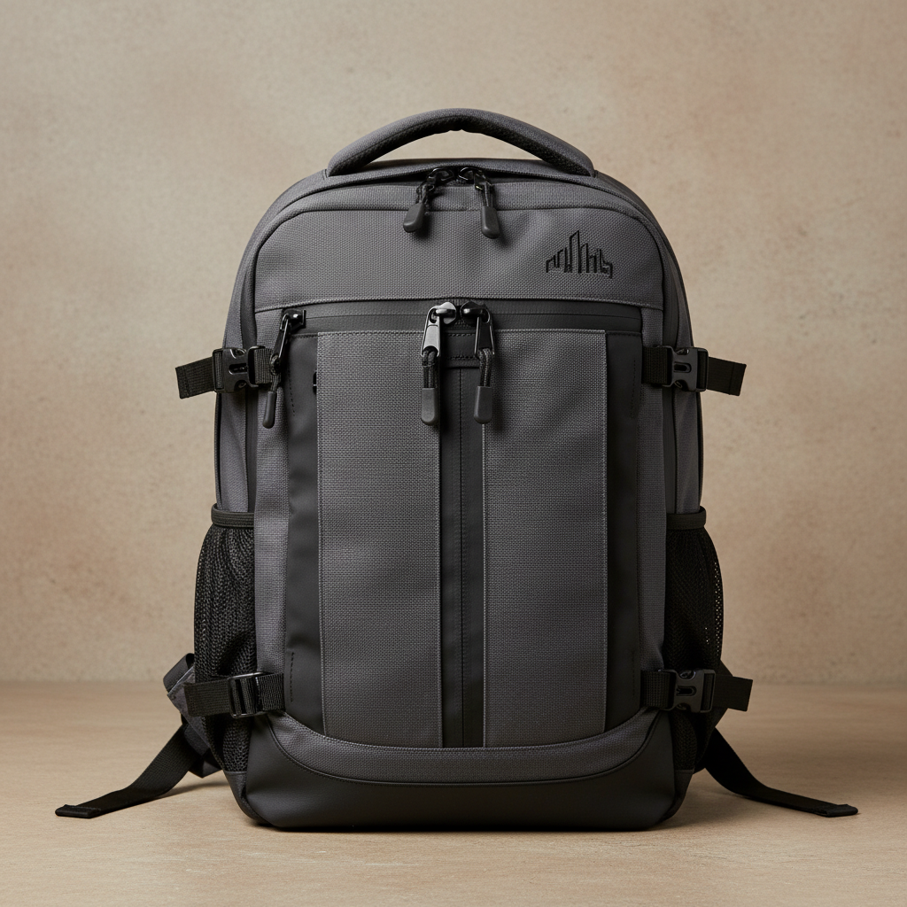 Black urban backpack with multiple pockets on neutral background
