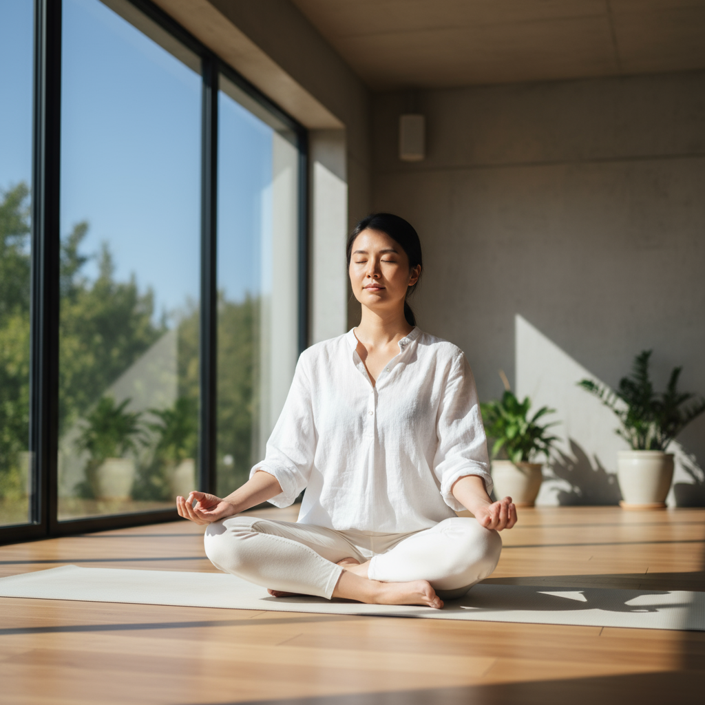 Japanese-American yoga instructor in peaceful meditation pose with morning light