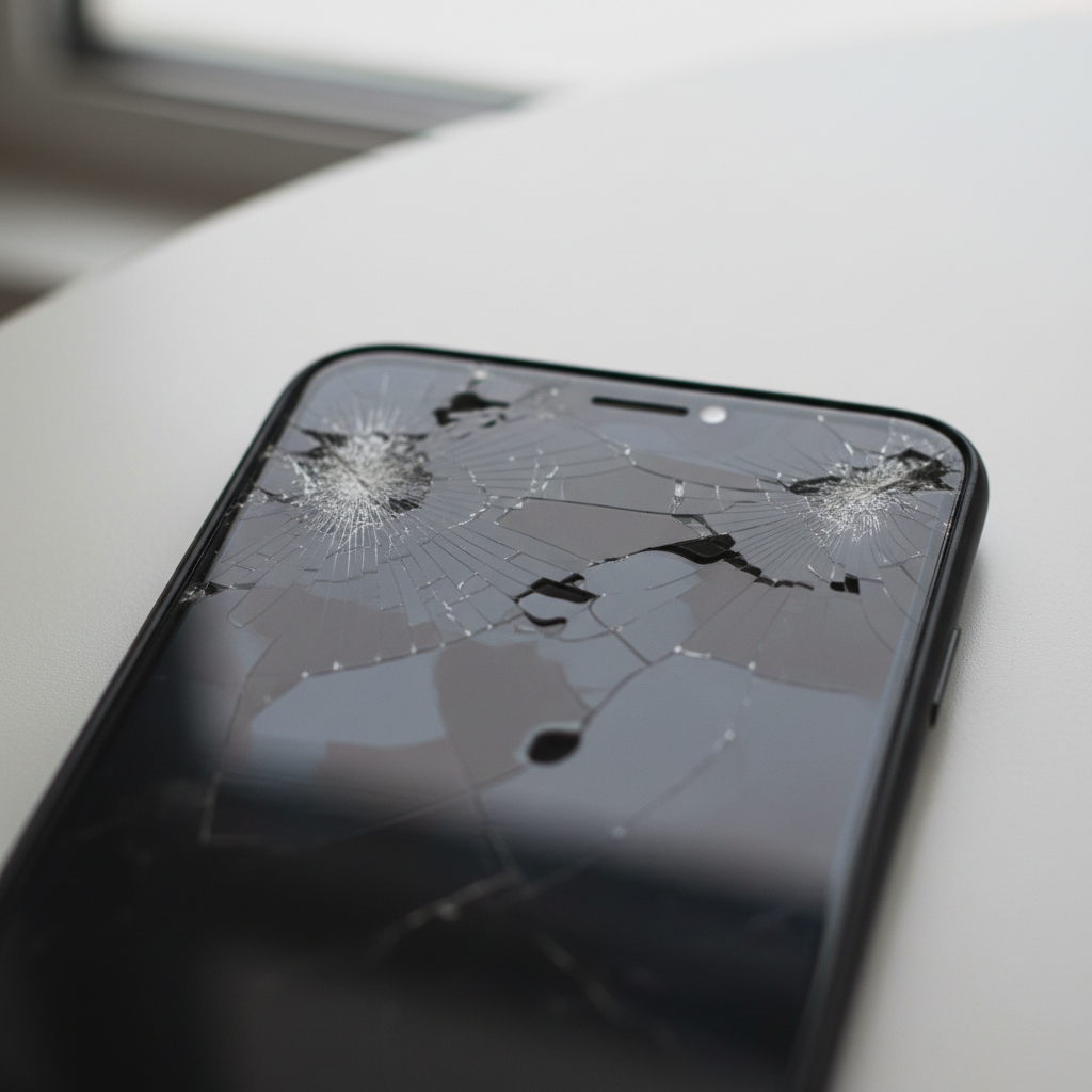 Close-up of a smartphone with cracked screen on a repair workbench with tools