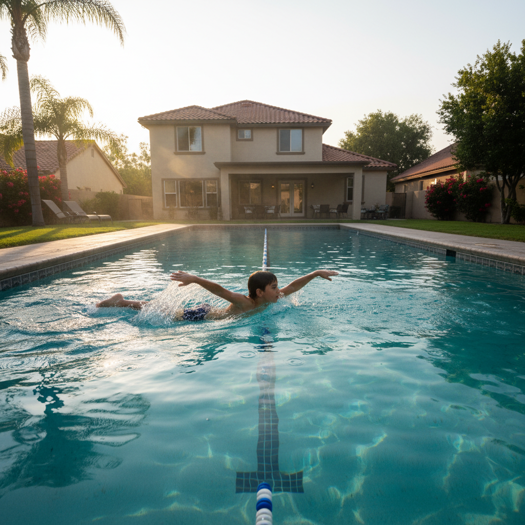 Child swimming laps in backyard pool with lane line visible and morning light on water