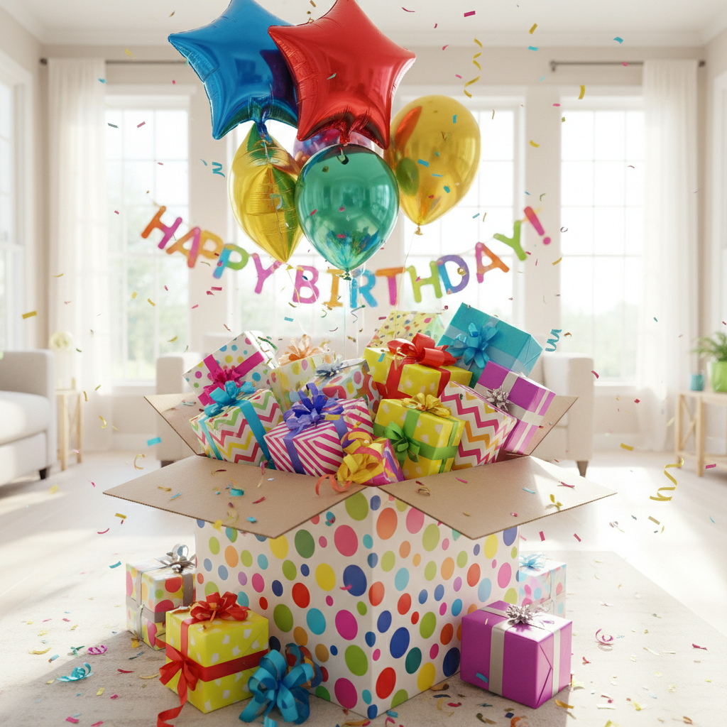 Colorful birthday surprise box with balloons on a bright white background