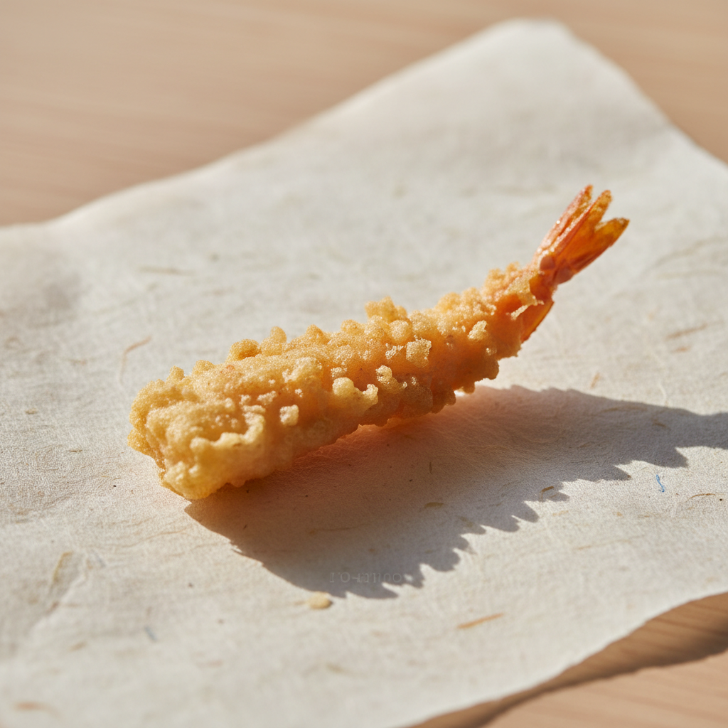 Handmade washi paper with a single prawn tempura piece placed with quiet precision