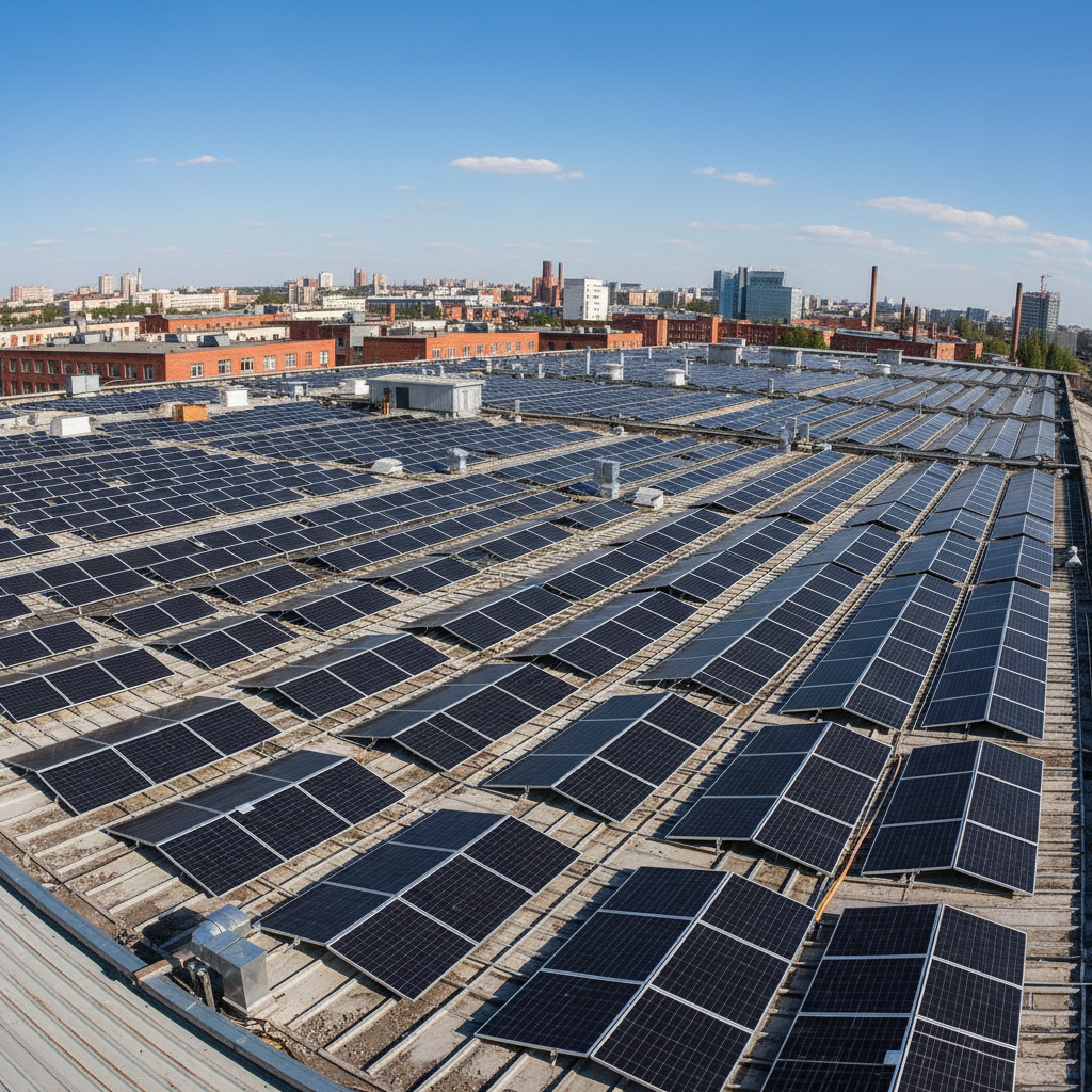 Solar panel array installation at industrial facility, bright sky, well-lit clean environment