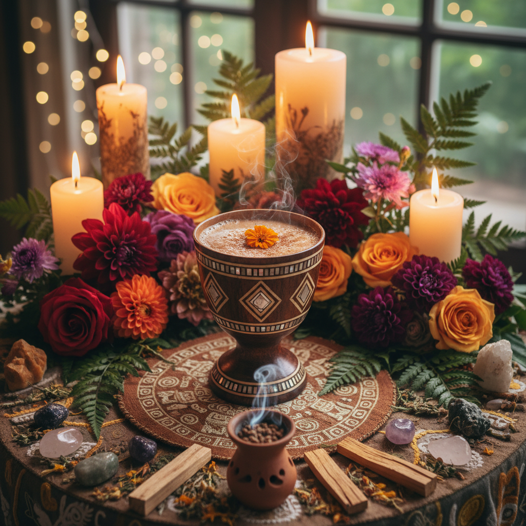 Ceremonial cacao paste in rustic bowl with dried flowers, warm atmospheric lighting