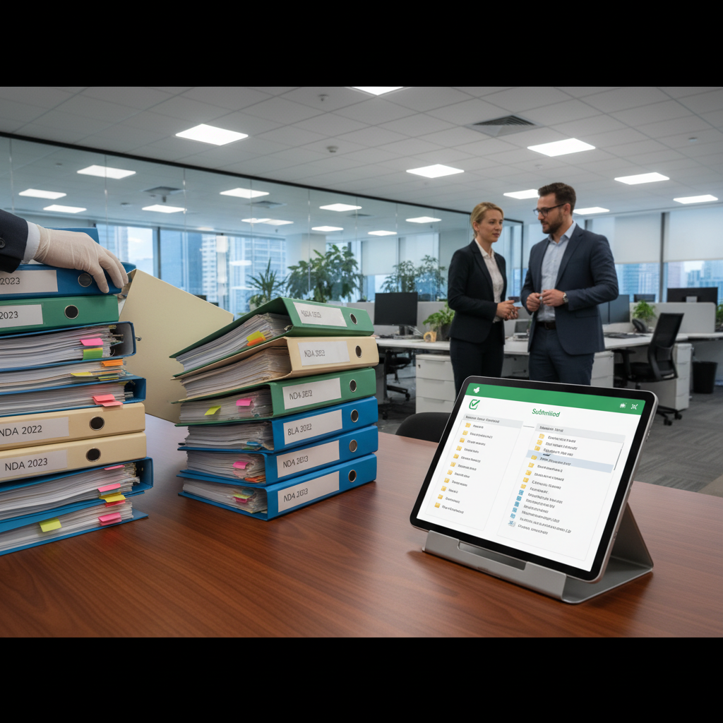 Regulatory affairs office with stacked submission binders being replaced by digital tablet showing eCTD filing interface