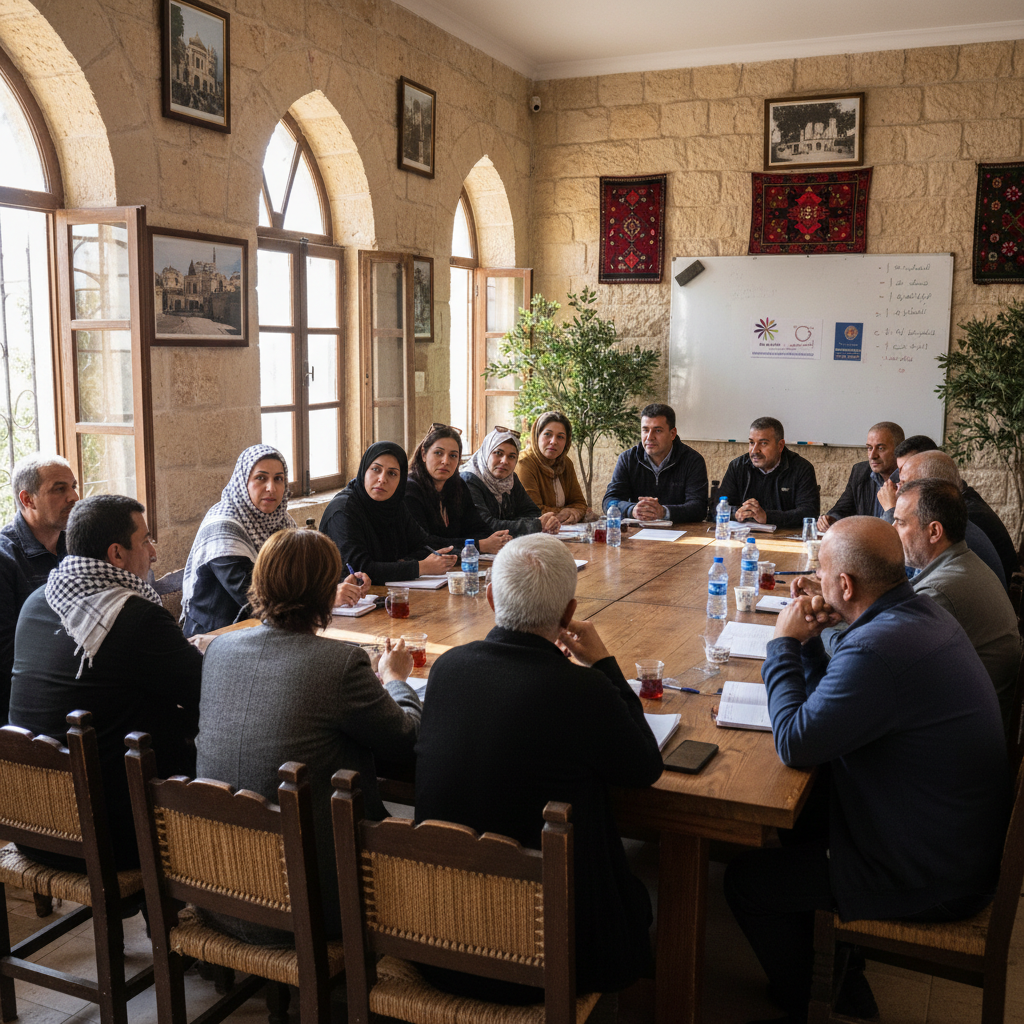 Palestinian community members participating in focus group discussion for program evaluation in West Bank