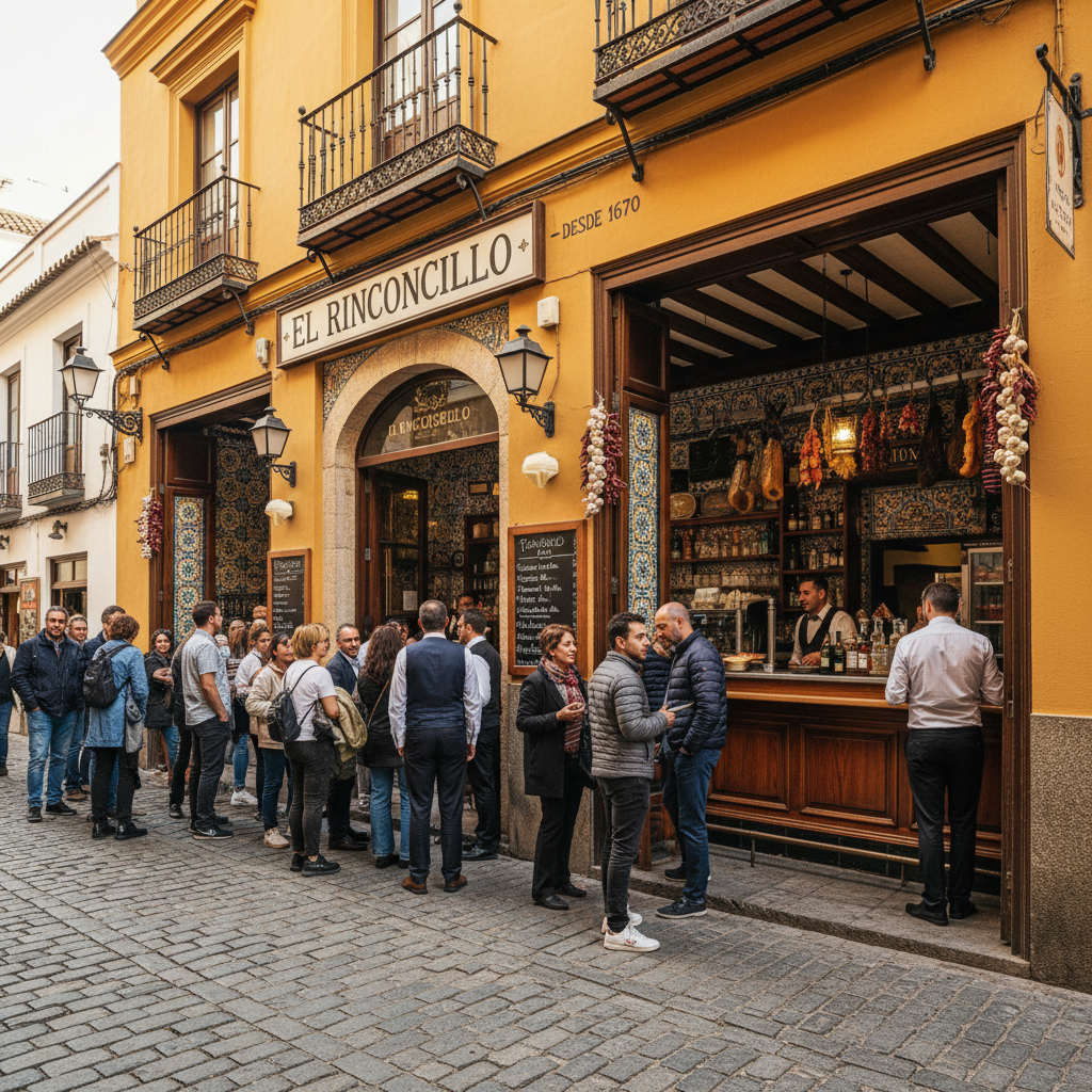 Famous Seville tapas bar with queue outside and traditional Andalusian interior