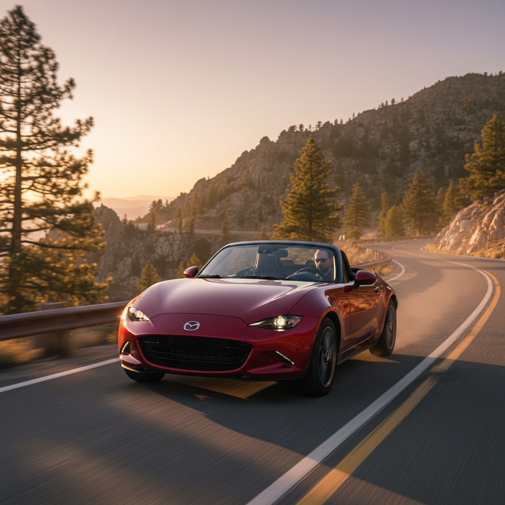 Mazda MX-5 ND2 in red on mountain road during golden hour