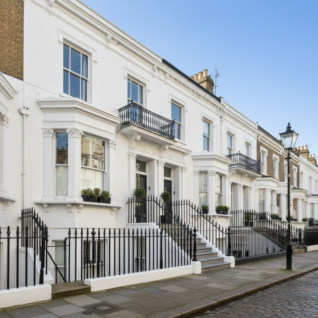 Exterior of a Victorian London terraced house freshly painted in white with black railings