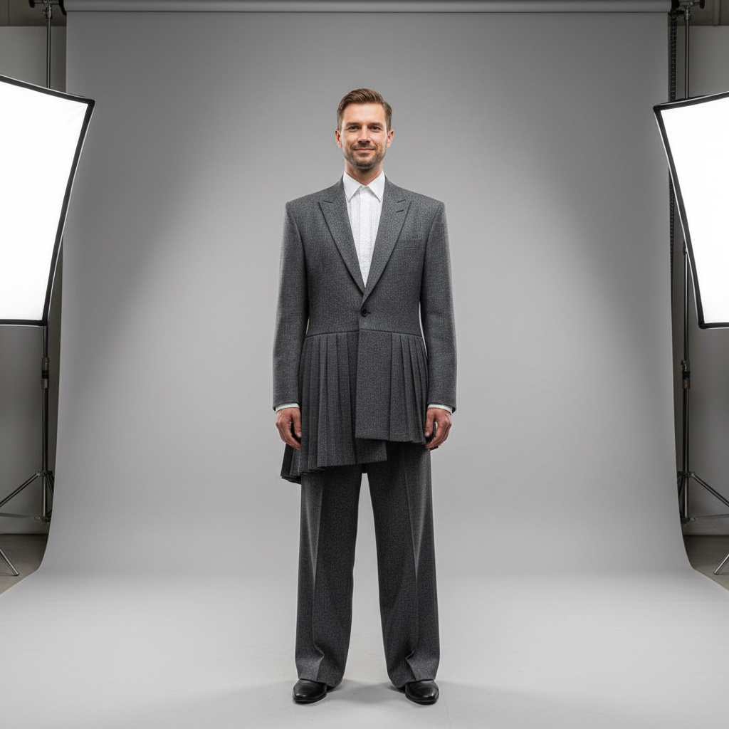 Fashion apparel landing page featuring a model in structured menswear against a neutral studio backdrop