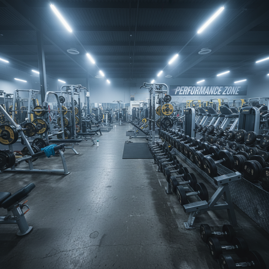 Gym conditioning area with weights and equipment, industrial lighting