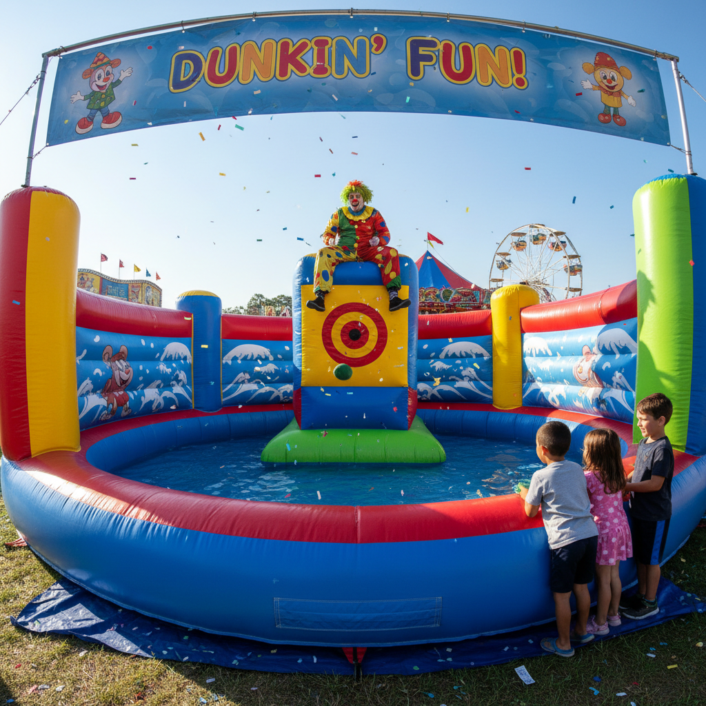 Inflatable dunk tank with bright colors at a school carnival on a sunny day
