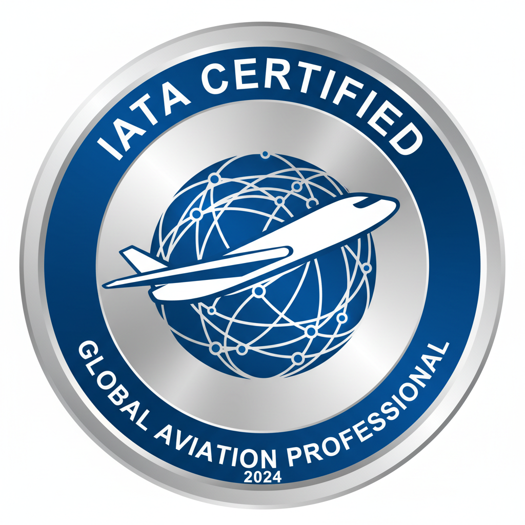 IATA accreditation badge with airplane silhouette and global network design