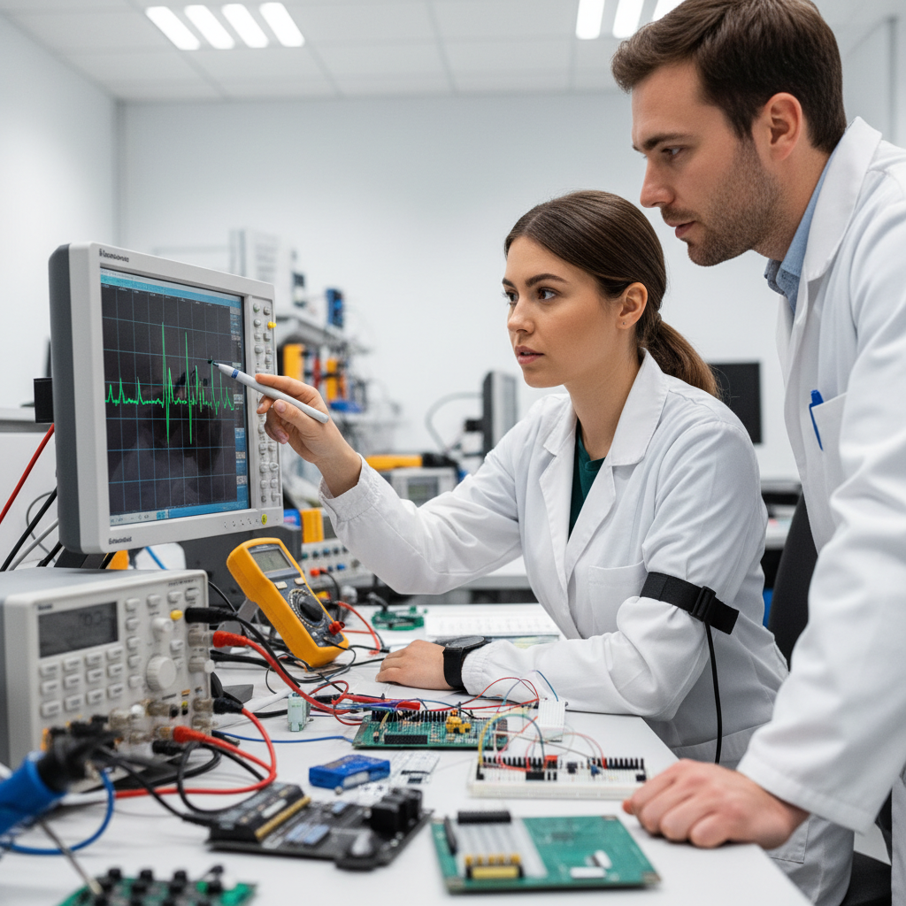 Nina Ostrowski, firmware engineer, pointing at oscilloscope waveform with colleague beside her