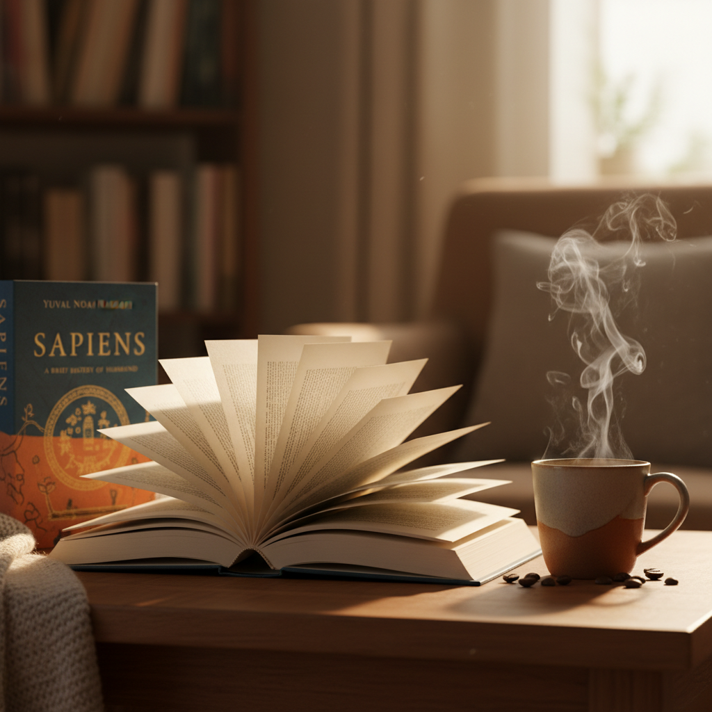 Steaming espresso cup on dark wooden table with open book beside it, soft morning light through café window