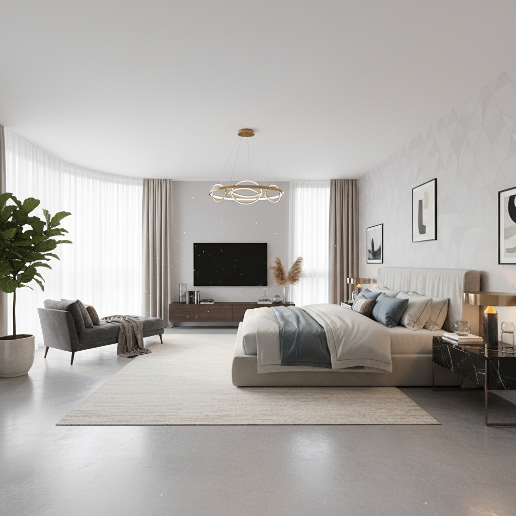 Stylish bedroom with mid-century modern furniture and sophisticated decor
