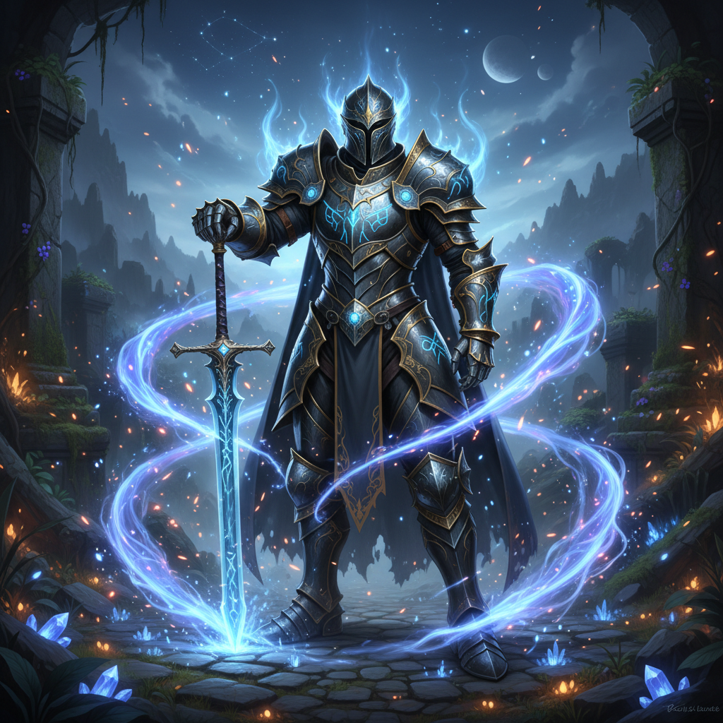 Karakter fantasy RPG dengan armor detail dan magical effects untuk game mobile yang sukses di market