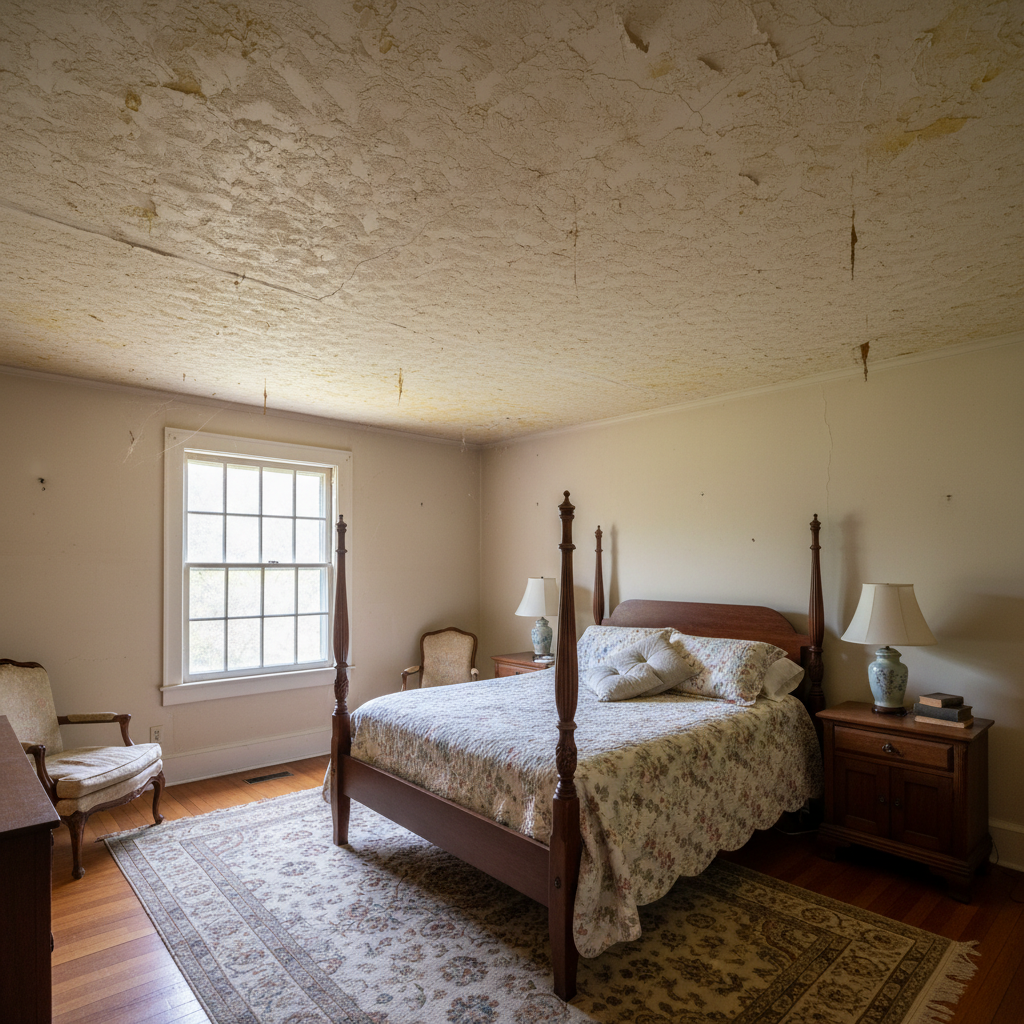 Guest bedroom with aging popcorn ceiling, yellowed in corners from decades of age