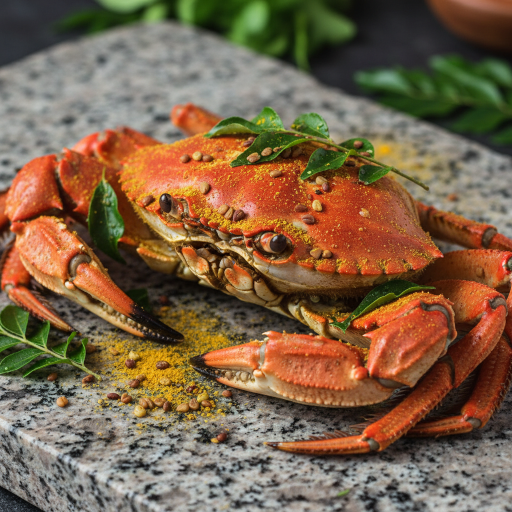 Fresh whole crab with turmeric powder, fenugreek seeds and curry leaves on stone surface