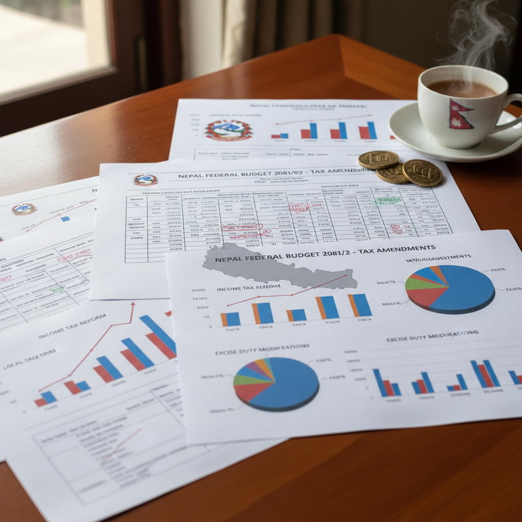 Budget documents and financial charts representing Nepal federal budget tax changes