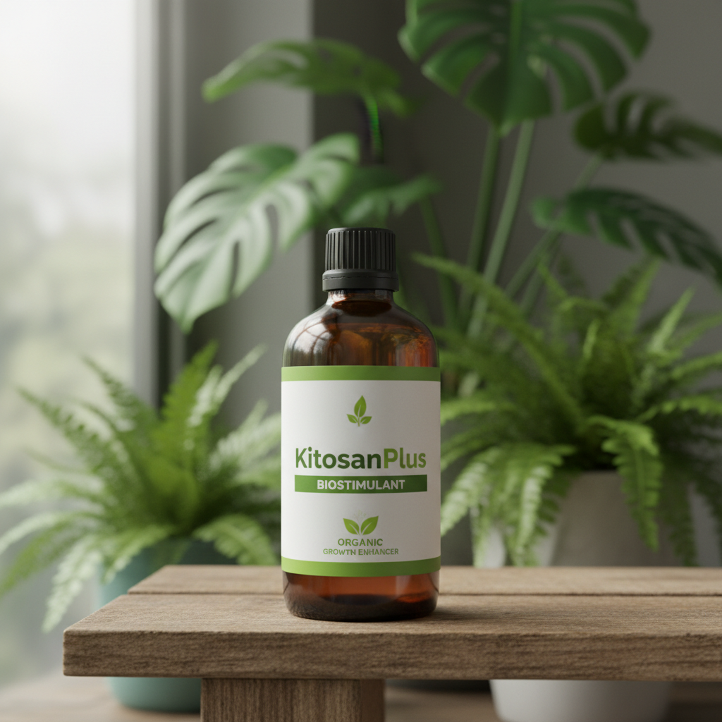 Bottle of KitosanPlus biostimulant product on a shelf with green plants in the background, natural lighting