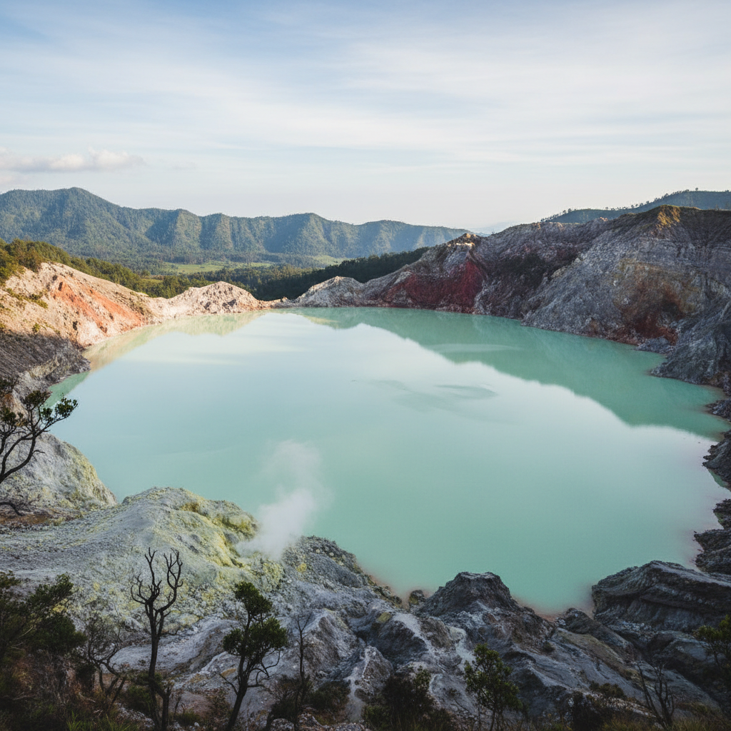 Kawah Putih Bandung dengan air berwarna putih kehijauan dan pemandangan gunung yang memukau