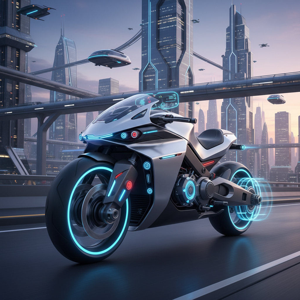 Honda electric motorcycle concept, futuristic design, urban environment, clean technology