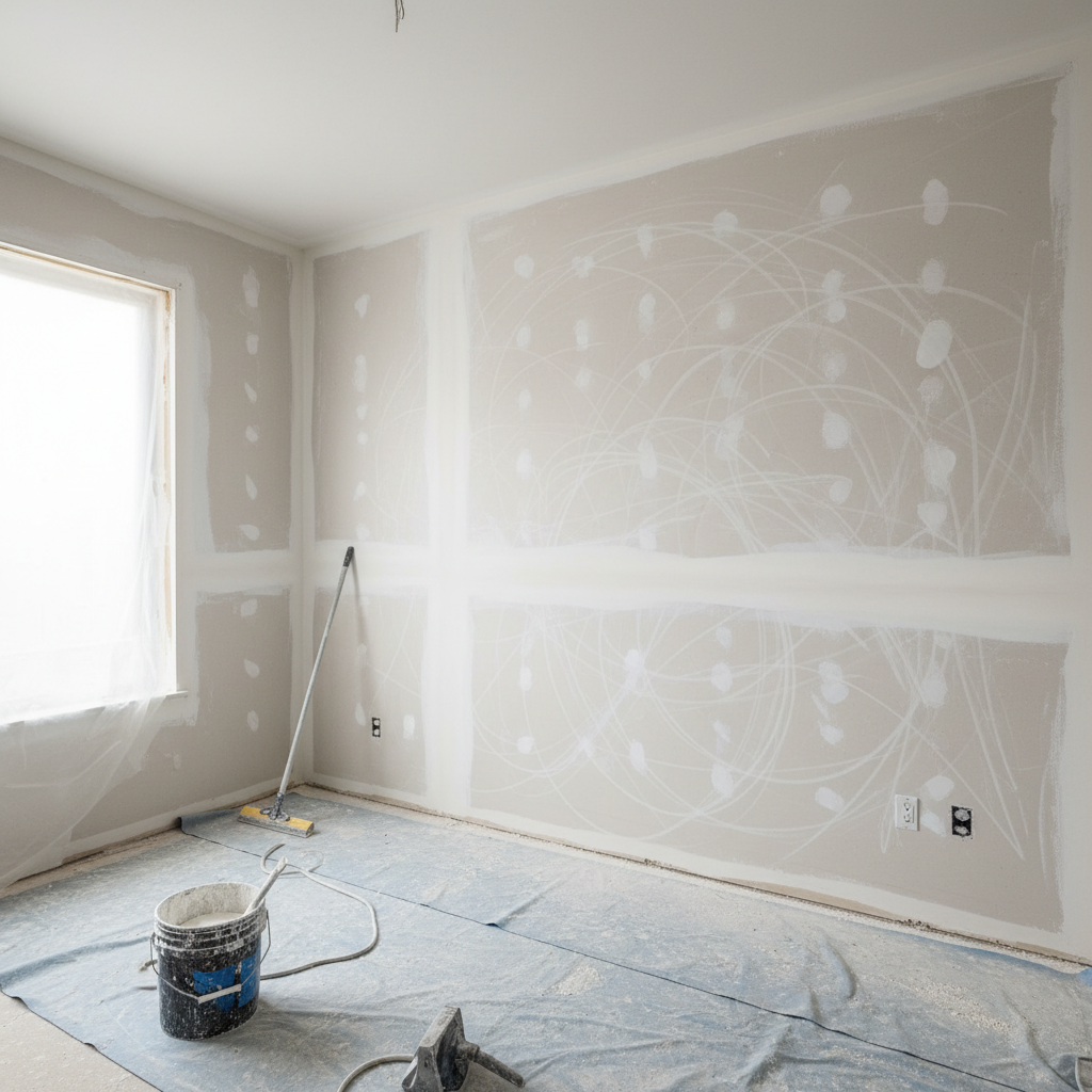 Bedroom wall with all anchor holes and picture-hanger holes filled and sanded