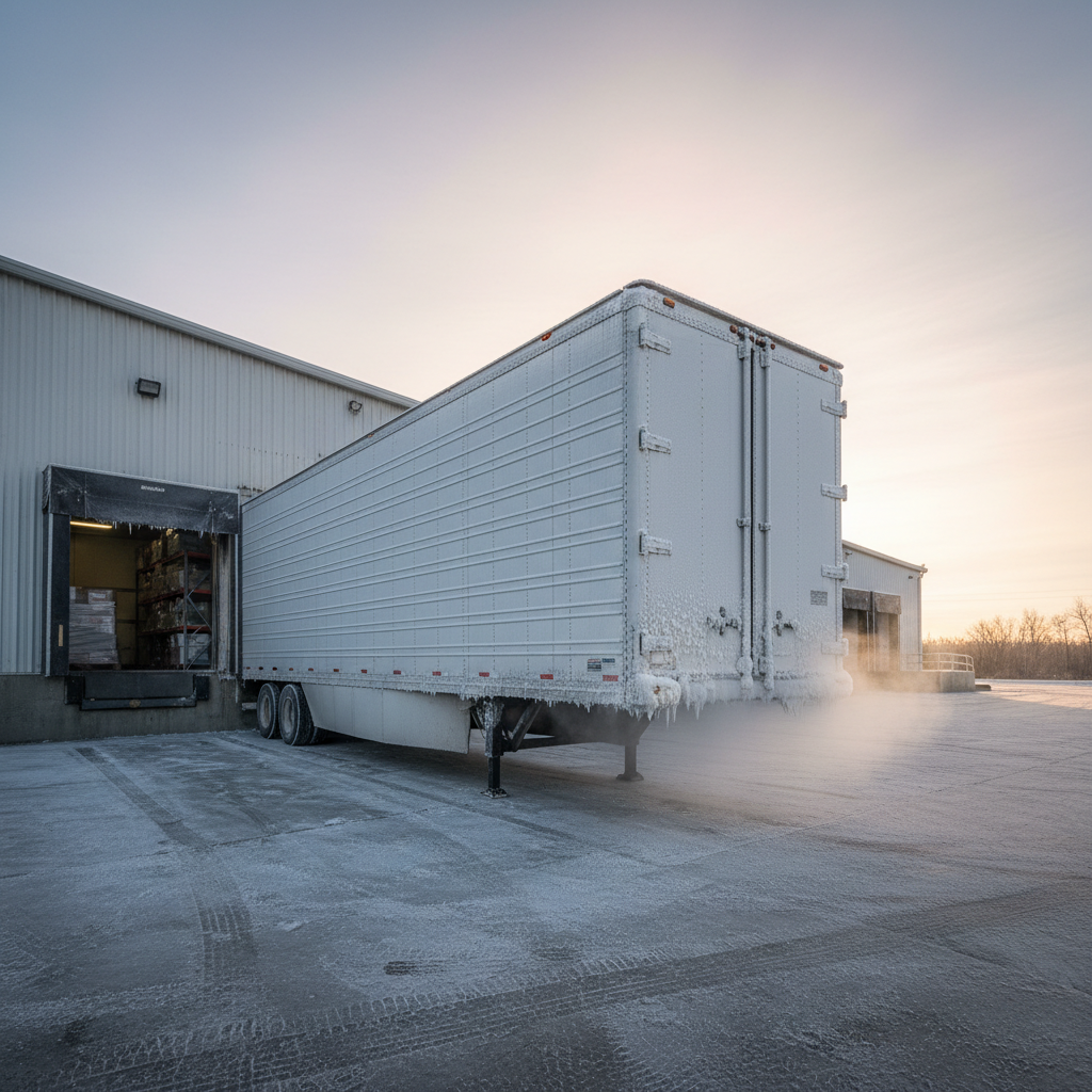 Refrigerated reefer trailer backed into a cold storage dock at dawn with condensation on door seals