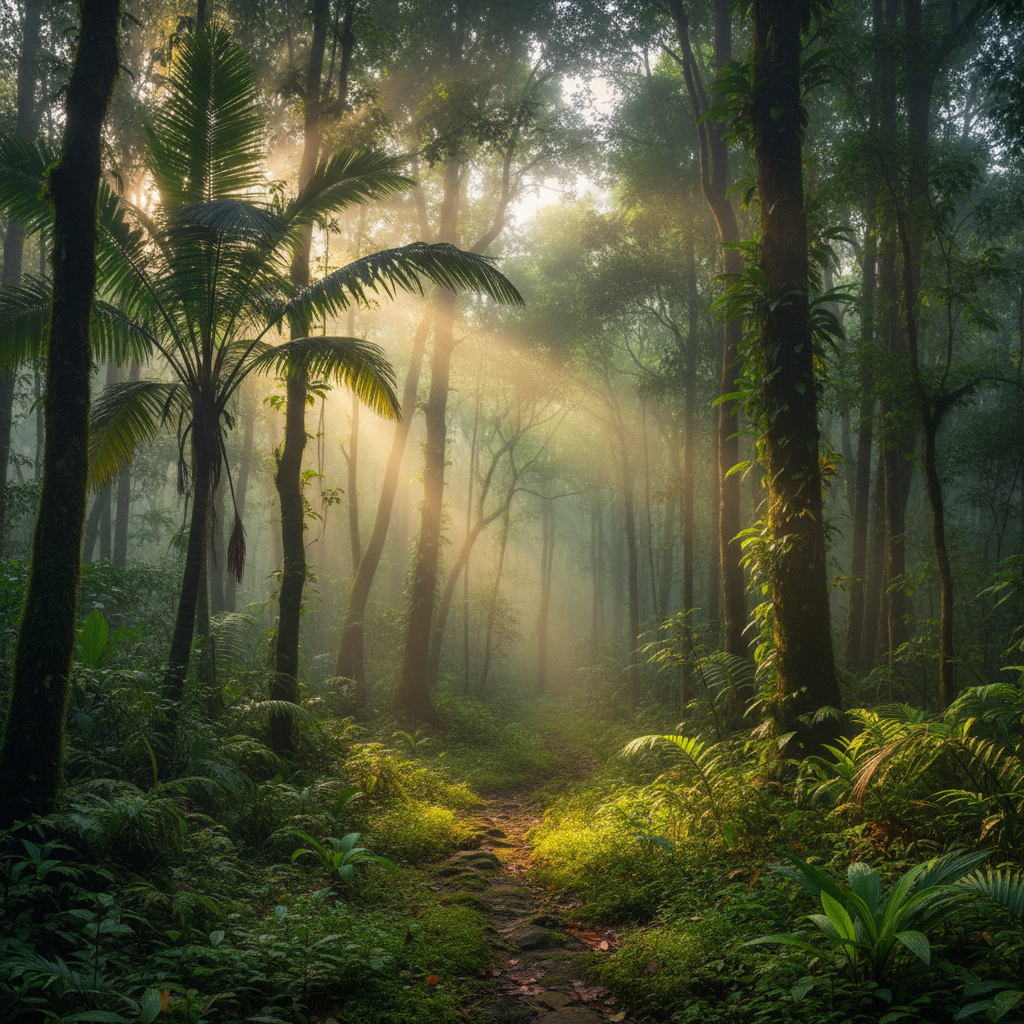 Dense tropical forest with sunlight filtering through tall trees, misty morning fog between tree trunks, rich green undergrowth