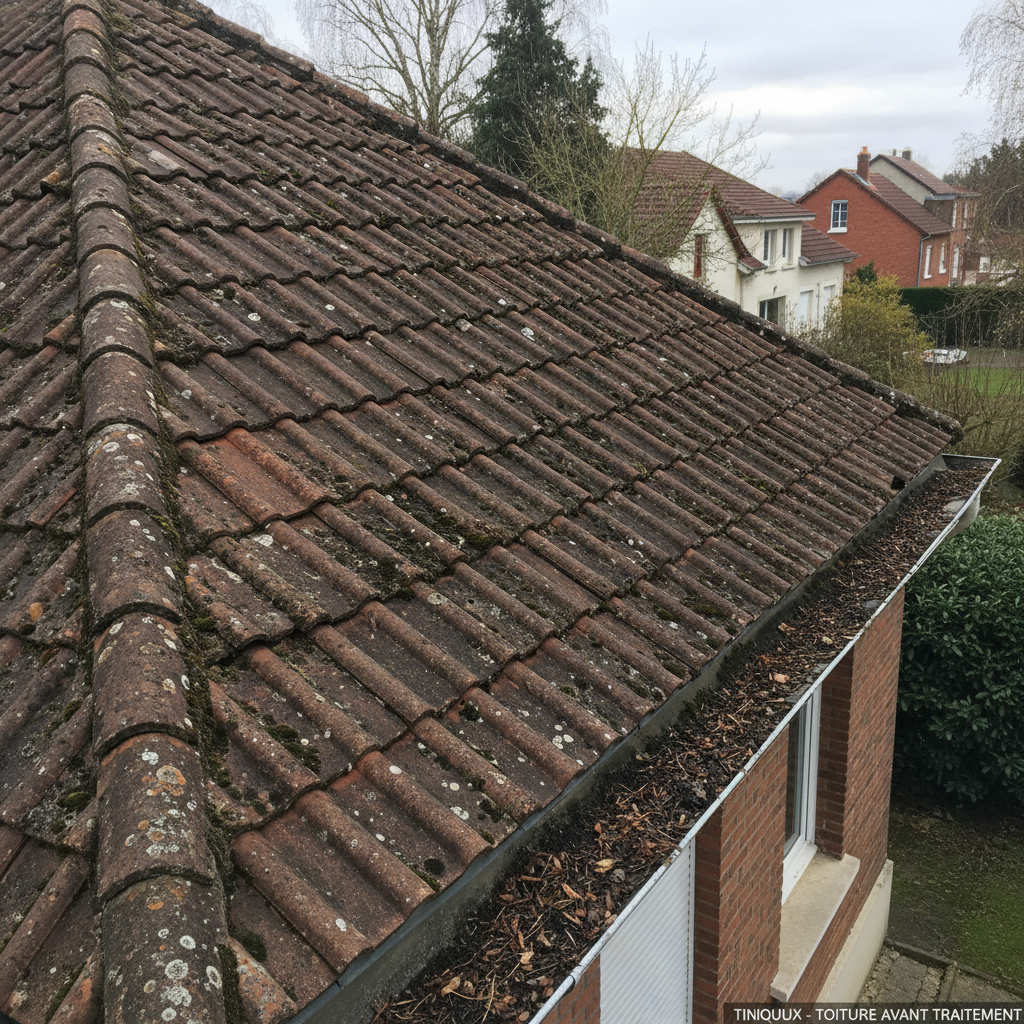 Toiture décolorée et encrassée avant traitement à Tinqueux
