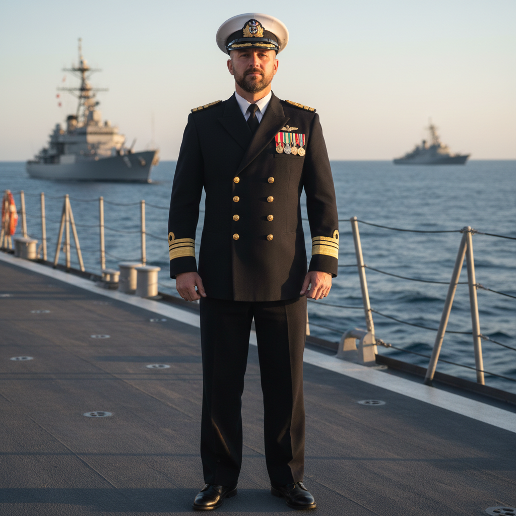 Naval officer in uniform standing on ship deck, ocean background, blue uniform, professional military posture