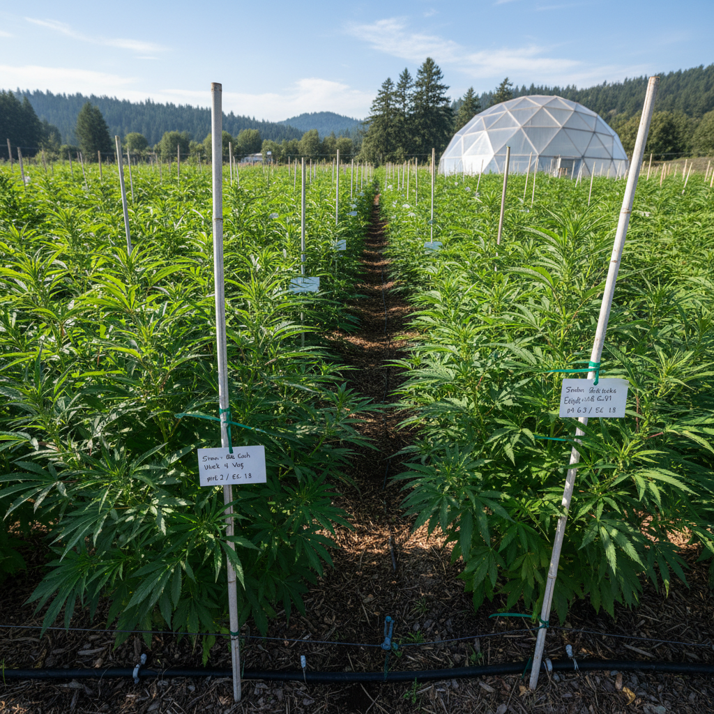 Rows of cannabis plants in vegetative state with measurement stakes and data tags