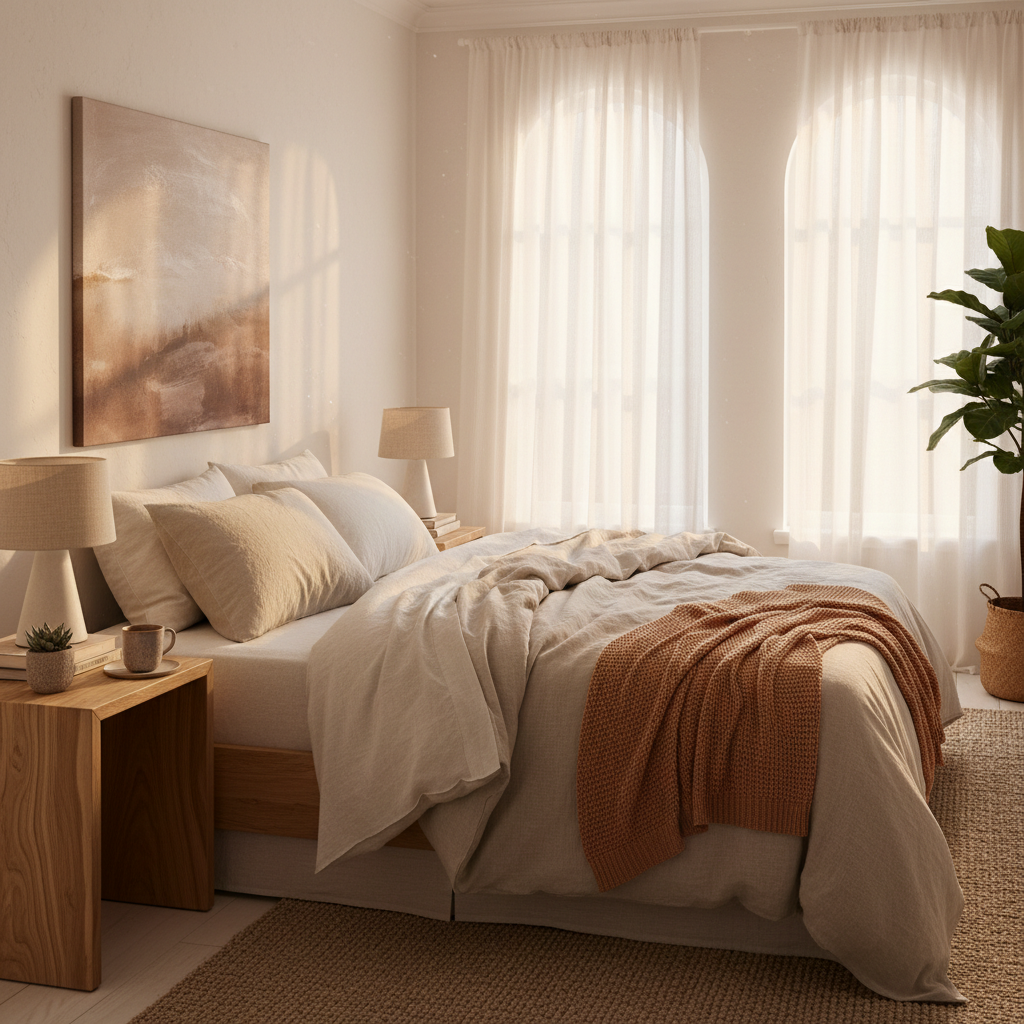 Staged bedroom with organic linen bedding and natural wood side tables in warm afternoon light