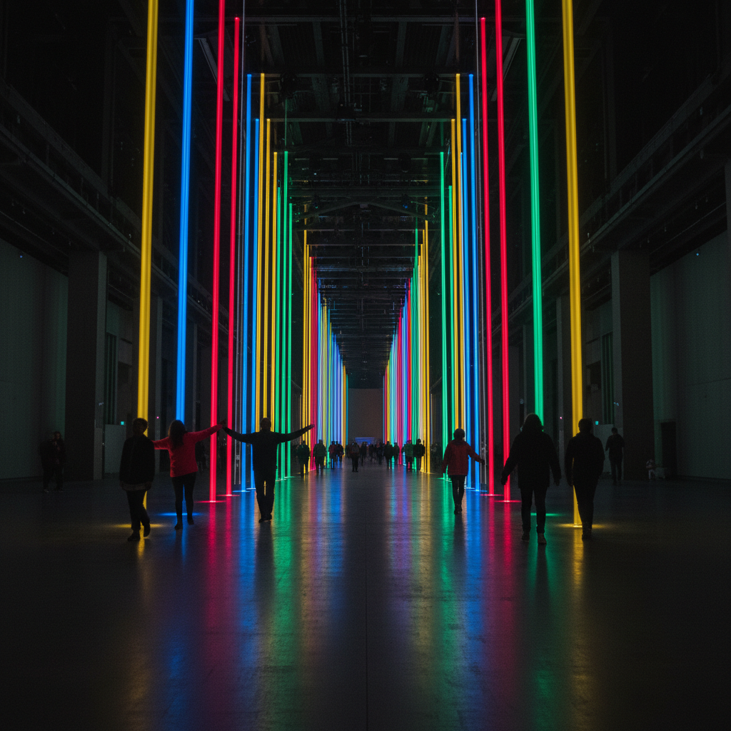Chromatic Drift installation at Tate Modern — visitors walking through beams of coloured light