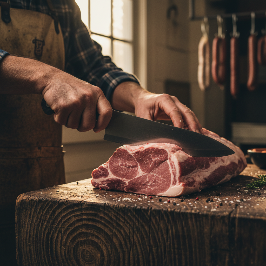 Fresh beef cuts on wooden butcher block, bright natural light, artisan butchery