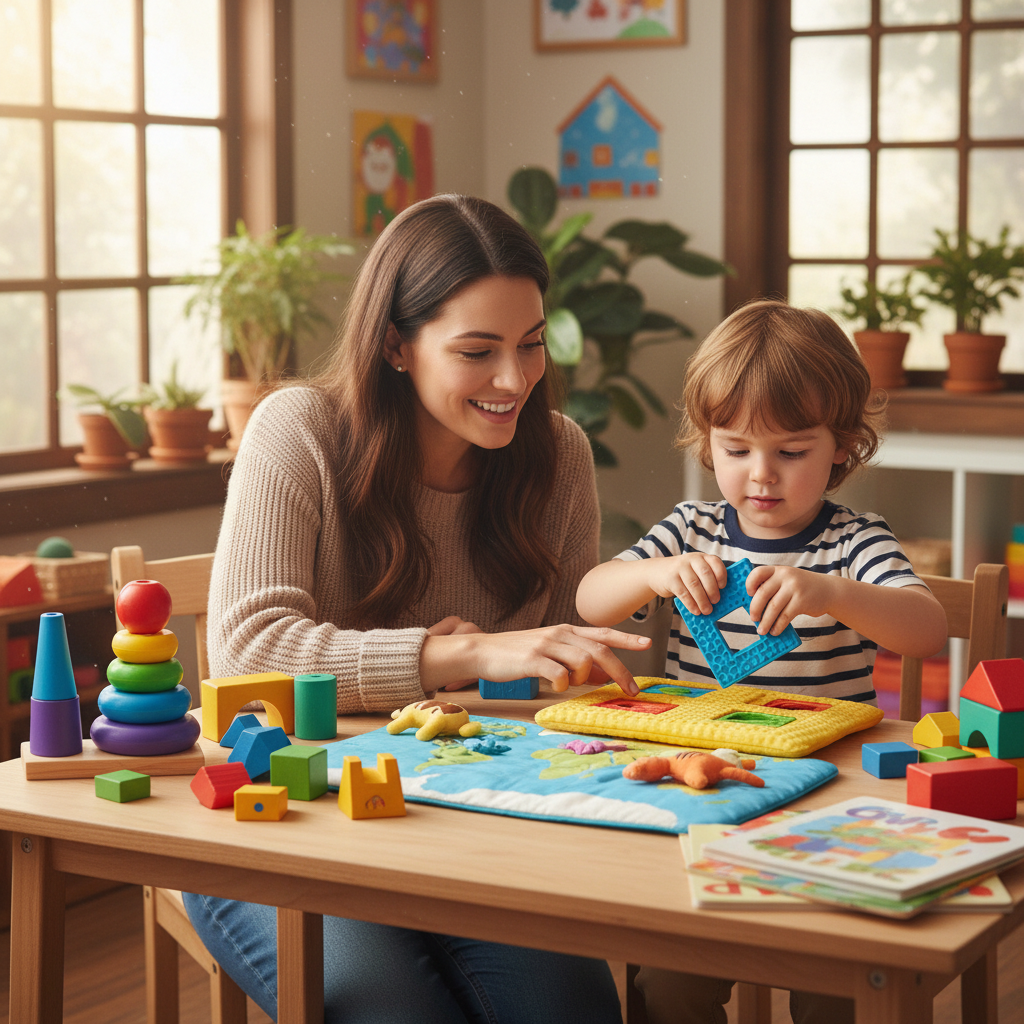 Familia participando en actividad educativa juntos, padres e hijos sonriendo en espacio comunitario