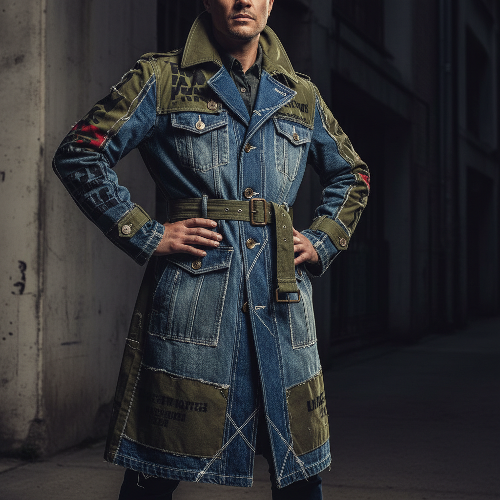 Model wearing a one-of-one reconstructed denim coat with military canvas panels, standing in dramatic side lighting