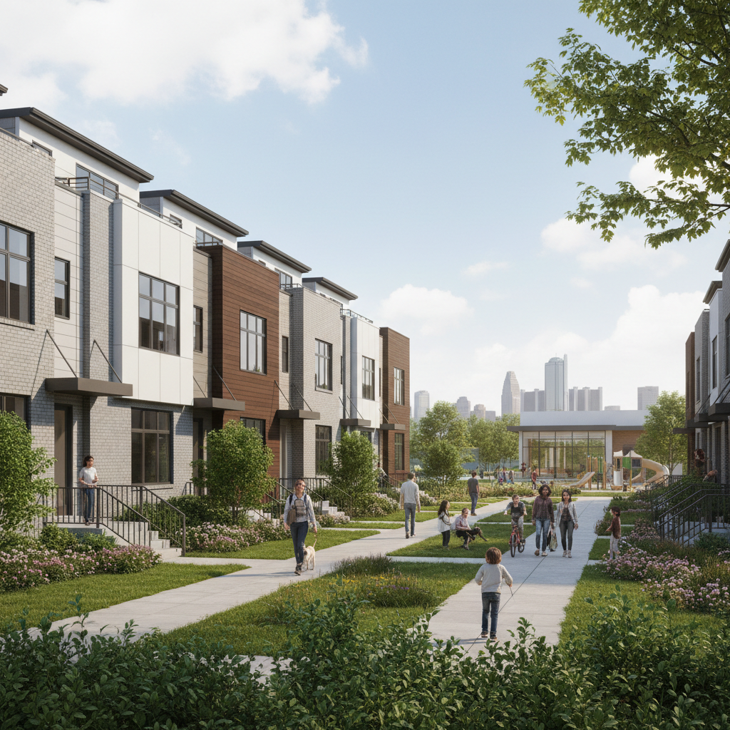 Modern townhome community with fresh landscaping, bright natural daylight, clean contemporary design