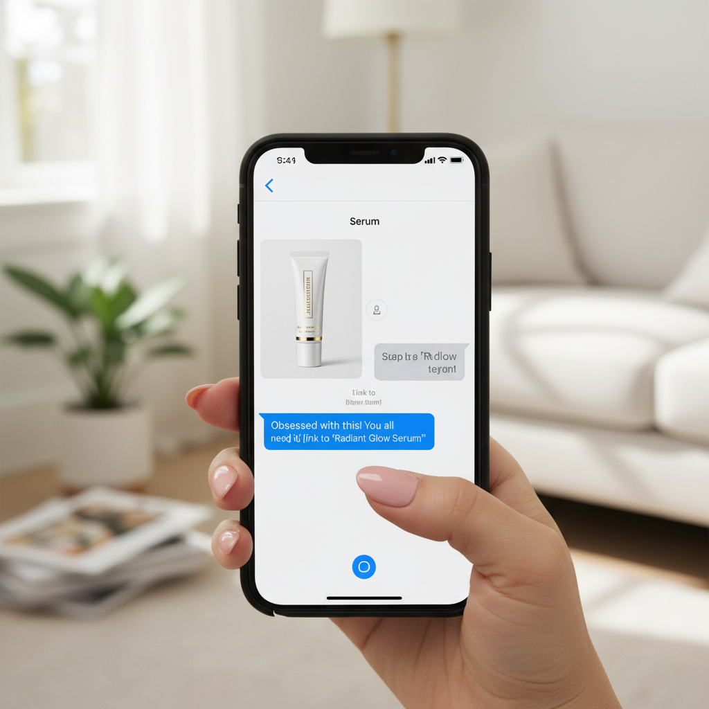 Person sharing beauty product link with group chat on phone