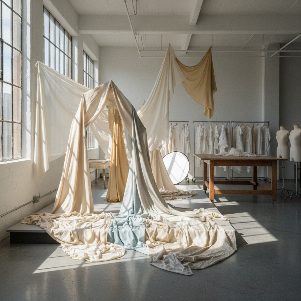 Fashion editorial setup with draped fabric samples and natural daylight through studio windows