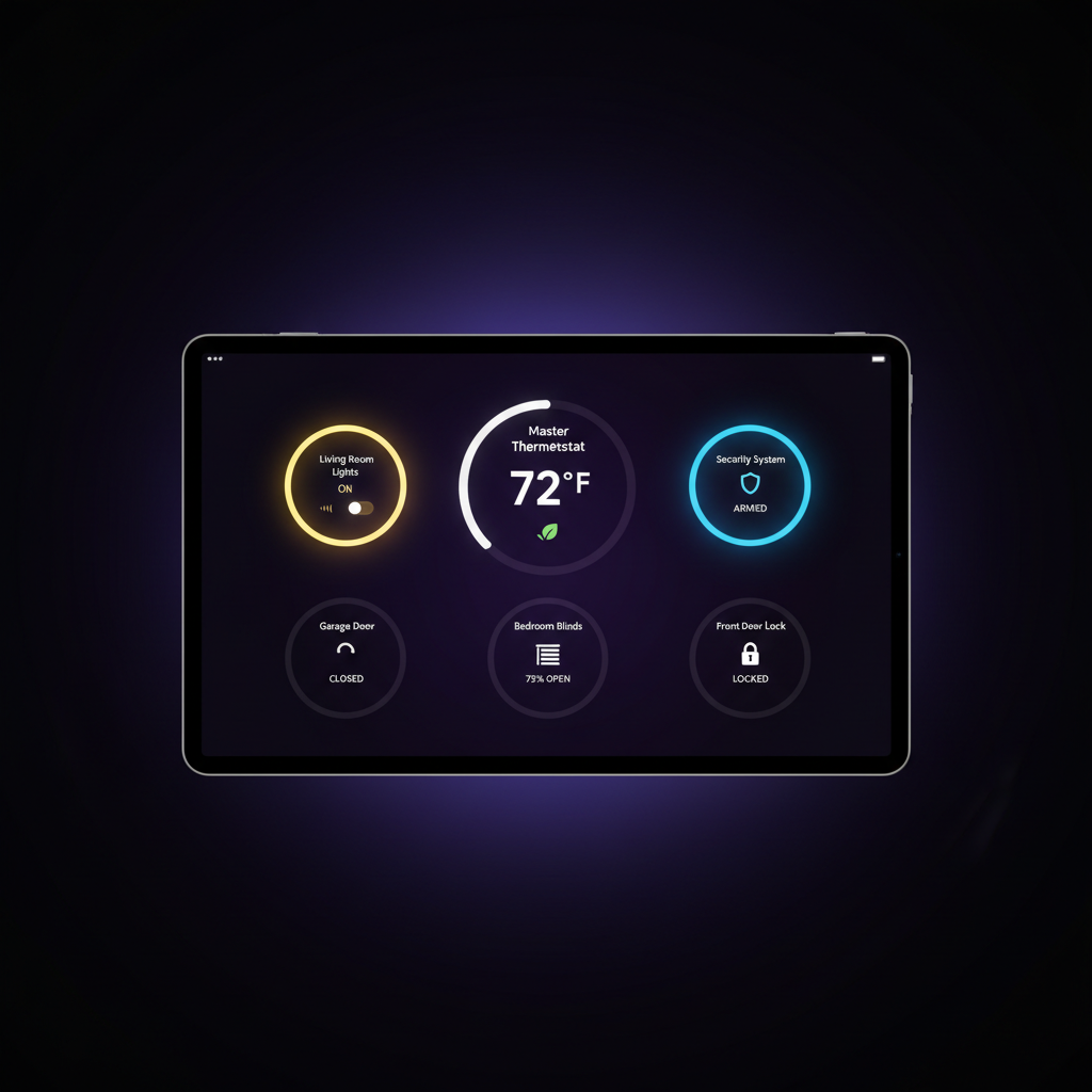Smart home control interface on tablet with modern living room background, blue teal LED lighting, dark sleek interior