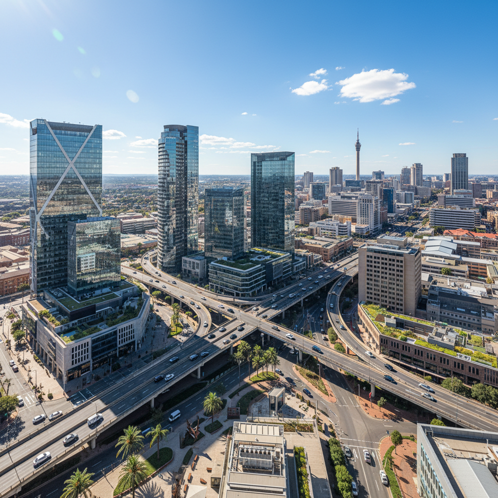 Commercial and institutional property development in Johannesburg showing office towers and mixed-use buildings representing institutional investment opportunities