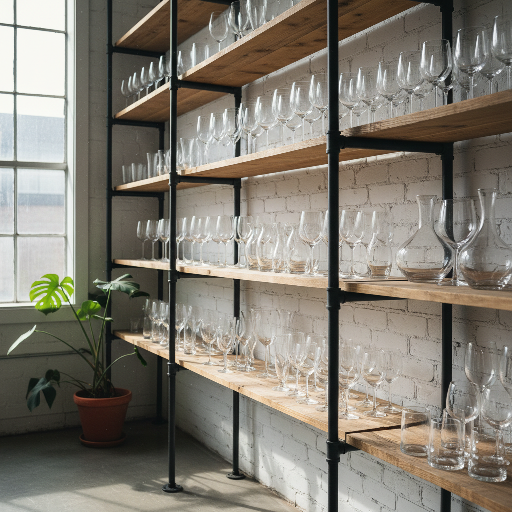 Oak display shelving with steel pipe brackets, industrial style, retail or home setting