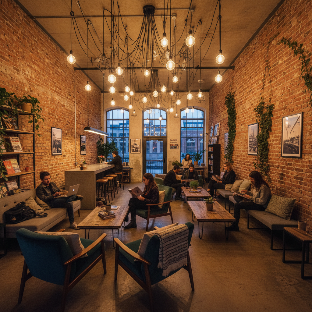 Modern hostel common area with colorful furniture, string lights, and young travellers socializing