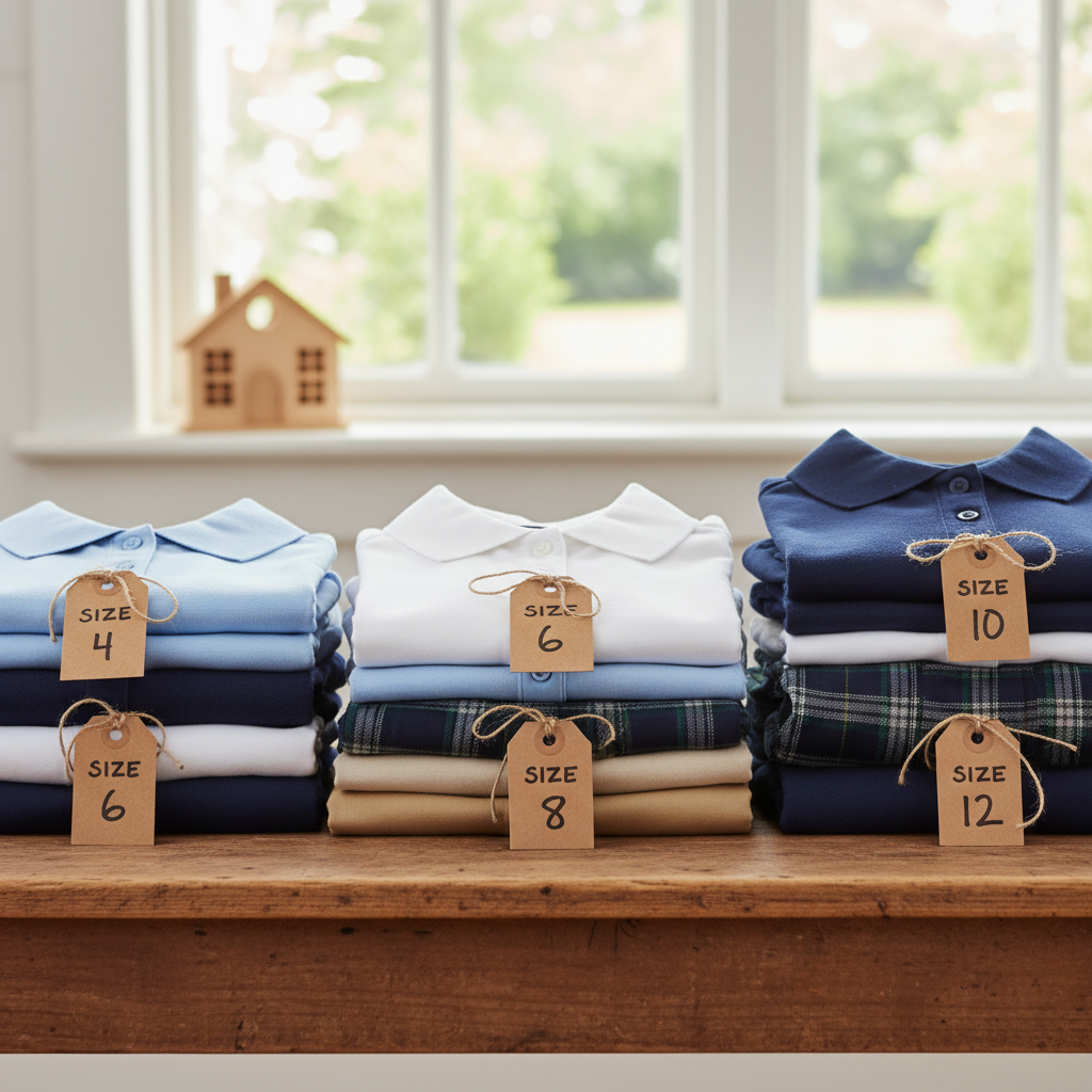 Neatly folded children school uniforms in different sizes stacked on a table with handwritten labels